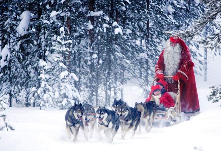 Дед Мороз катается на санях с упряжкой