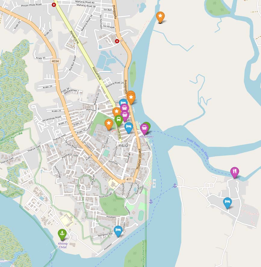 Карта центра города Краби (Krabi town) с достопримечательностями, рынками, остановками транспорта и лучшими отелями города 