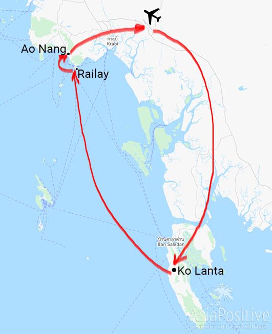 Схема маршрута путешествия по Краби (Ко Ланта, Рейли и Ао Нанг) 