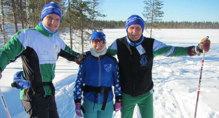 Josefin Palmén (centre) takes a break to smile for the camera with a couple of her fellow Border to Border skiers.