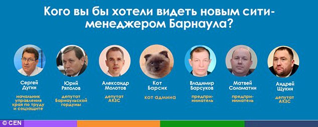 Barsik was listed among the real potential candidates for the post by a local Internet group with his picture positioned in the center of a the election post