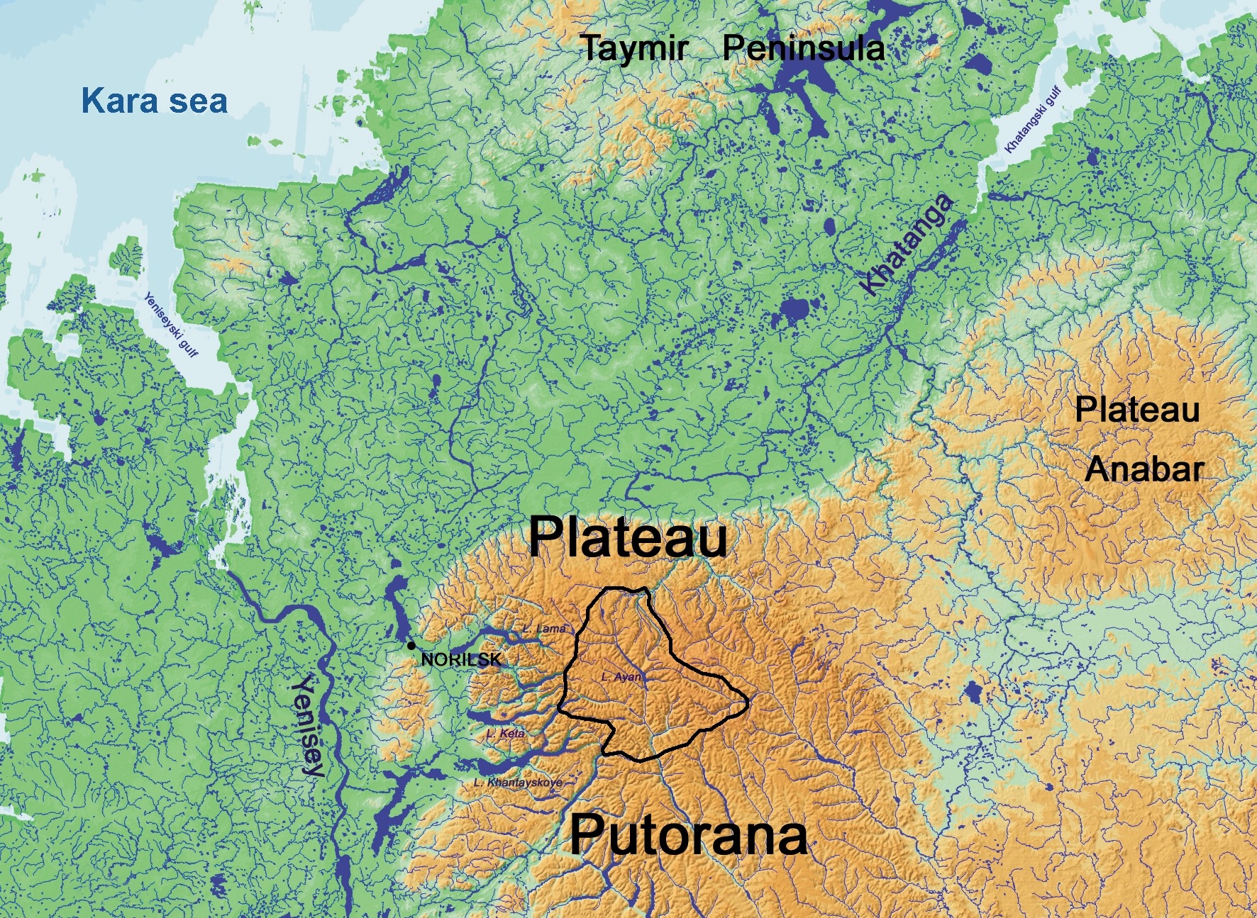 Плато Путорана на карте России