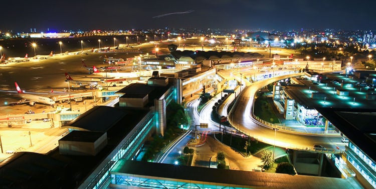 Picture of Atatürk International Airport by night.