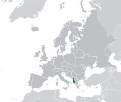Location of  Albania  (green) on the European continent  (dark grey)  —  [Legend]