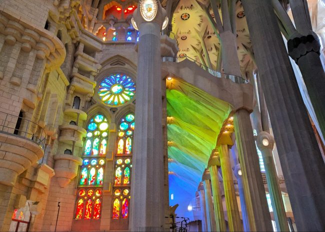 The light coming through the stained glass of the Sagrada Familia